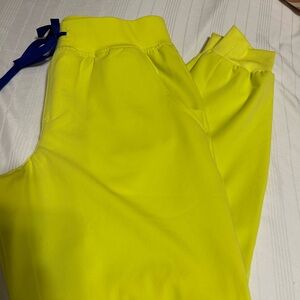 Figs Neon Yellow Joggers with Blue Accents scrub set